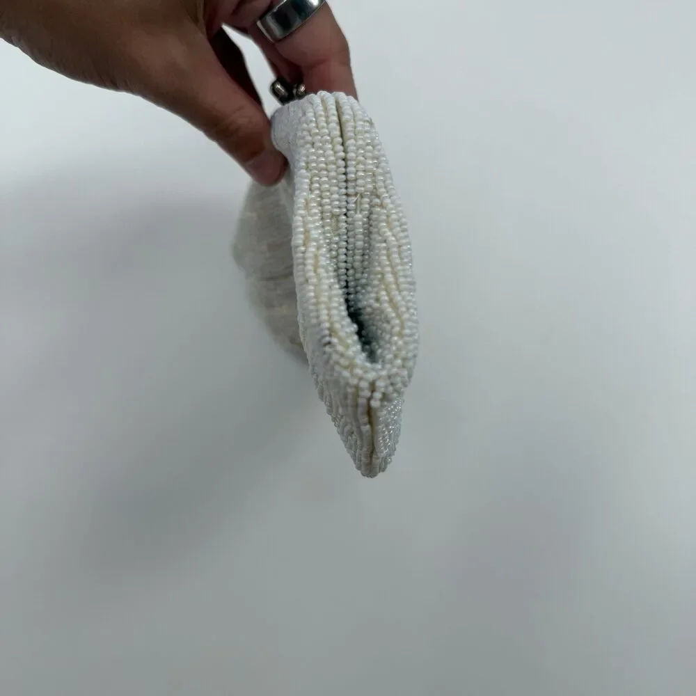 Vintage Unbranded Ivory Beaded Silver Clutch Evening Bag Small Dainty Bridal